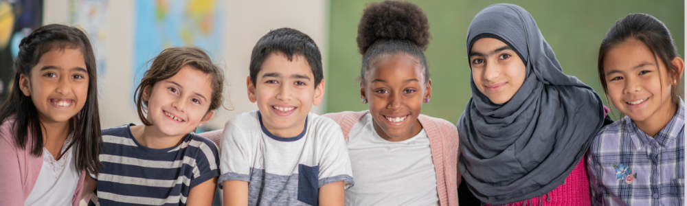 a group of diverse elementary students representing different heritages and backgrounds