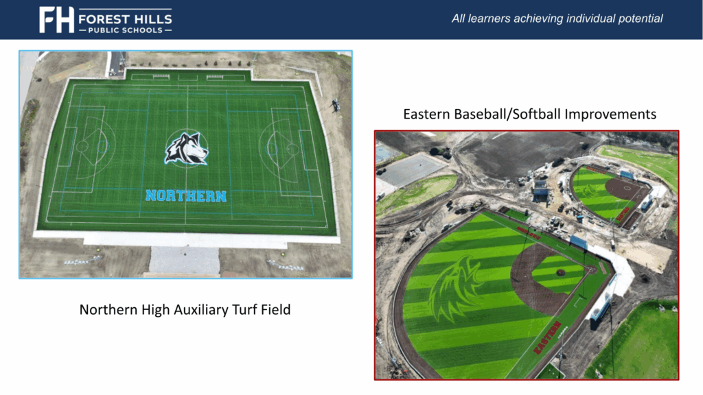 arial shots of two athletic fields, one a football field and the other a baseball and softball facility