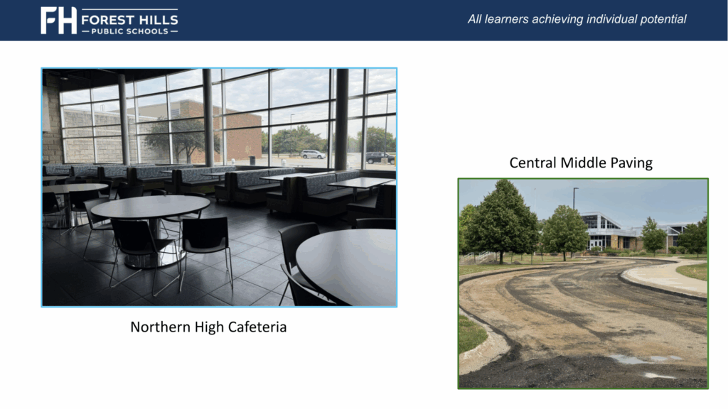 paving to a school drive all torn up and new cafeteria furniture/seating