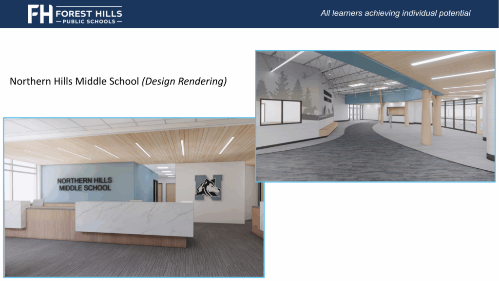 rendering of northern hills middle school entrance, office space and opened hallway