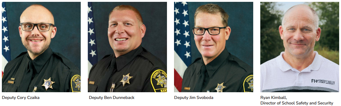 Individual pictures of four different men. The first three are in Kent County Sheriff's Officer uniforms, and the fourth photo is a man in a polo shirt. These men represent our three school resource officers and our director of safety and security.