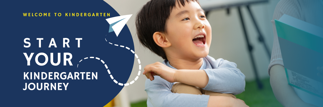 happy child with text stating: Start your Kindergarten Journey